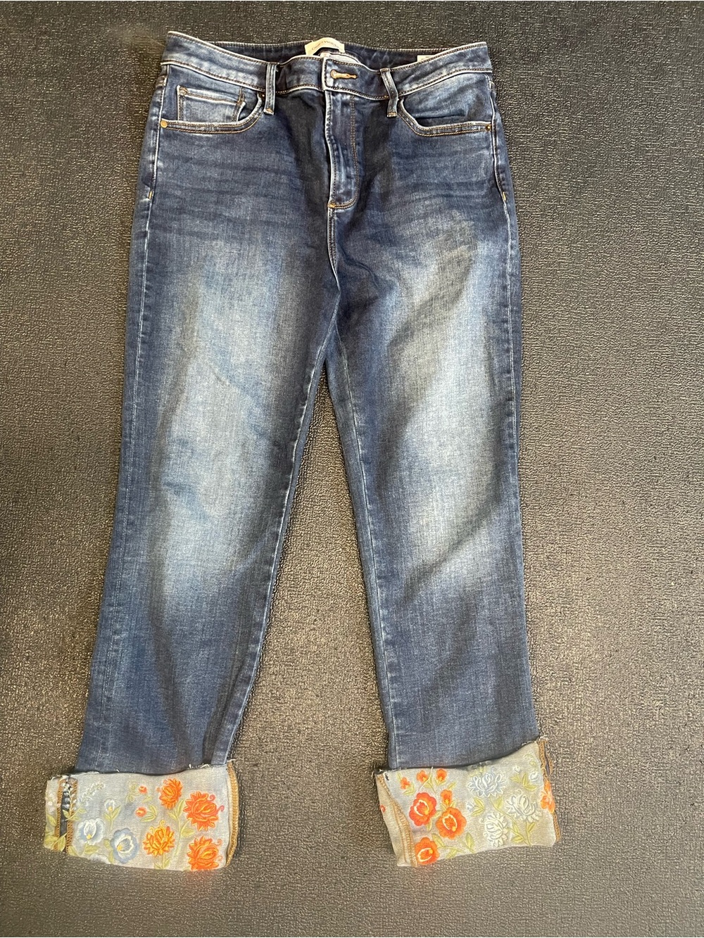 DRIFTWOOD-COLETTE Embroidered Floral Cuff Jeans, Blue with Orange & Light Floral - Picture 2 of 7